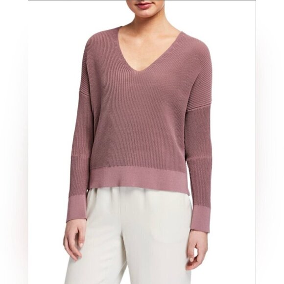 Eileen Fisher Corded V Neck Box Top Long Sleeve Sweater in Deep Mauve - Size M - Picture 2 of 14